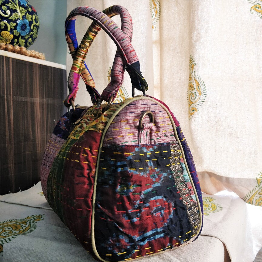 Green Maroon Kantha Patola Silk Duffle Bag