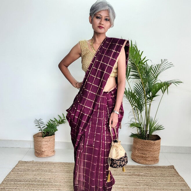 Deep Wine Checks Maheshwari Cotton Silk Handloom Saree I Chanchal –  Chanchal-Bringing Art to Life