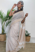 Load image into Gallery viewer, Best Sari, Naturally Dyed Beige Cotton Saree, gorgeous. elegant, handloom, festive wear, Durga puja, Ganapati, office wear, ethnic collection, traditional dress, beautiful, classy, simple, summer, comfortable, soft, Chanchal bringing art to life.