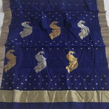 Load image into Gallery viewer, beautiful blue handloom  chanderi silk cotton saree I peacock zari butas sari I chanchal bringing art to life