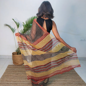 Made in India, Black White Hand Cotton Kota Doria Saree, printed, Rajasthan, soft, comfortable, casual, everyday, gorgeous. elegant, handloom, festive wear, Durga puja, Ganapati, office wear, ethnic collection, traditional dress, Chanchal bringing art to life.