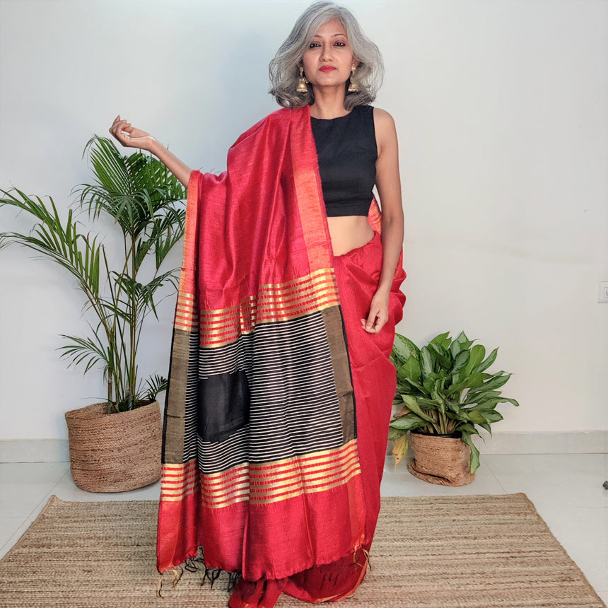 Mitera Black & Red Silk Cotton Kutchi Embroidered Saree - Absolutely Desi