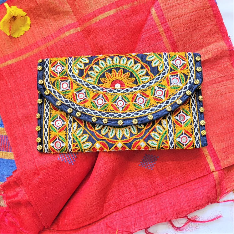 blue embroidery clutch front